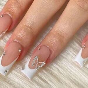 Y2K 24 Piece White French Tip Butterfly Rhinestone Square Press On Nails